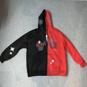 ROMWE Hoodie Mens XL Black Red Gothic Spider Web Full Zip Graphic Streetwear NEW